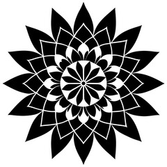 Obraz premium Vector art of intricate black and white geometric mandala flower pattern, isolated on white background, symbolizing symmetry, spirituality, and artistic design