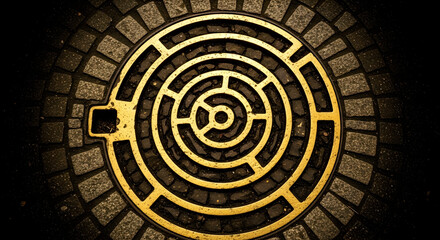 Golden Labyrinth Manhole Cover Resting Amidst Gray Stone Pavers Urban Scene