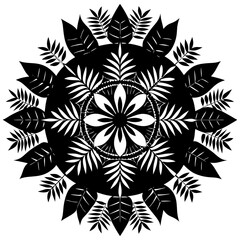 Vector art of intricate black and white floral mandala pattern isolated on white background, featuring symmetrical leaves and a central flower, perfect for decorative and artistic applications