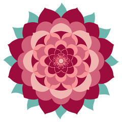 Vector art of colorful pink and teal geometric floral mandala pattern, isolated on white background