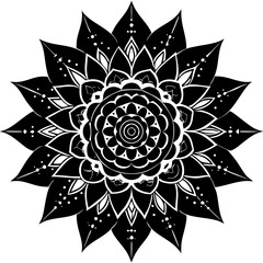 Vector art of black and white intricate mandala flower pattern, featuring a symmetrical geometric design with radiating petals and decorative elements, ideal for artistic and spiritual applications