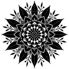 Vector art of intricate floral mandala design with botanical elements in black and white, symbolizing harmony, nature, and spiritual wellness