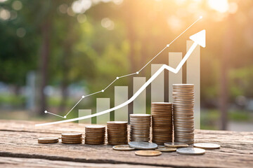 Business Growth Graph with Upward Arrow and Stacked Coins