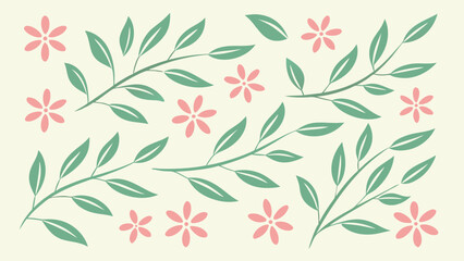 Fototapeta premium Simple and elegant floral pattern featuring pink flowers and green leaves on cream background