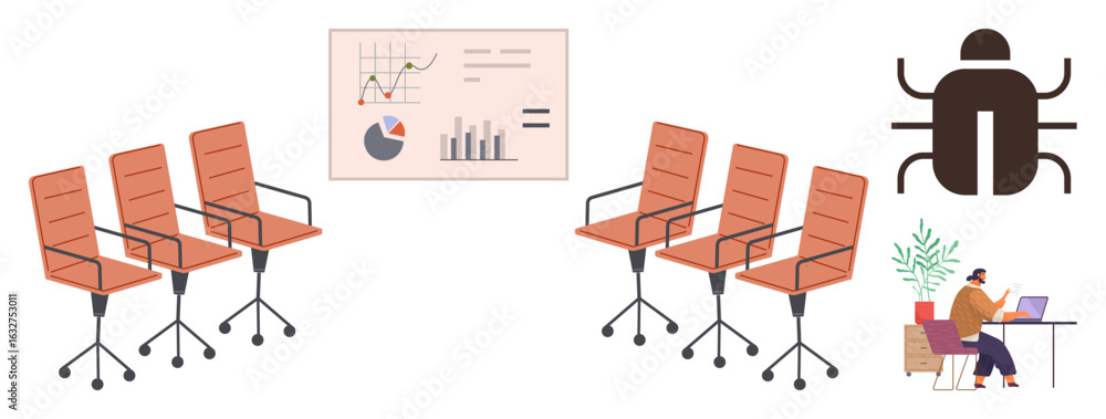 Poster office chairs arranged symmetrically, chart with analytics, a bug icon representing error or debuggi