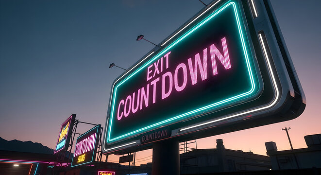 Illuminated Billboard Displaying Exit Countdown Against Evening Sky Backdrop