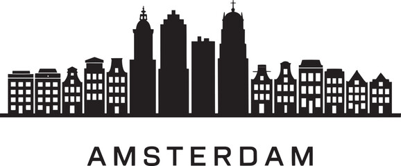 Fototapeta premium Amsterdam Skyline Silhouette Vector Illustration with City Name on Transparent Background Design Element