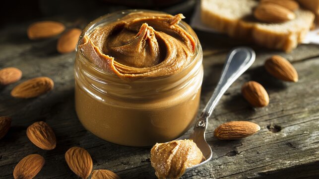 Creamy almond butter in a glass jar with a spoon, surrounded by whole almonds and slices of bread on a rustic wooden table, showcasing a delicious spread for breakfast - Powered by Adobe