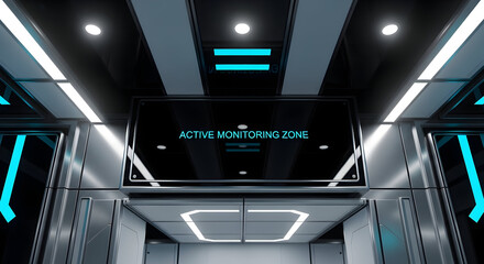 Futuristic Interior Active Monitoring Zone With Neon Lights And Chrome Panels