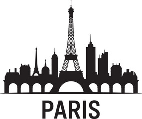 Detailed Silhouette of Paris France Skyline Vector Illustration with City Name Below Design