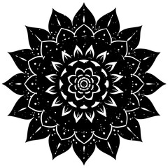 Vector art of textured black and white geometric floral mandala pattern isolated on white background, showcasing intricate detail and artistic symmetry