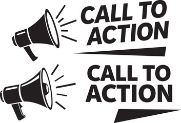 Vector art of two black megaphones with call to action text isolated on white background