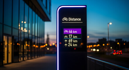 Illuminated Digital Sign Displays Bicycle Distances at Dusk near Modern Building