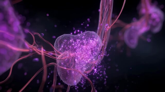 Scientific animation highlighting ketone body synthesis in liver with purple gas particles dispersing through circulatory system.