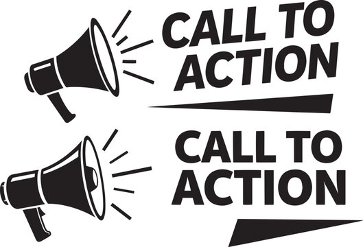 Vector art of two black megaphones with call to action text isolated on white background