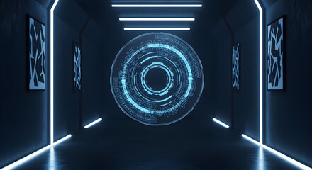 Futuristic Portal Displaying Holographic Interface in Modern Hallway With Neon Lights