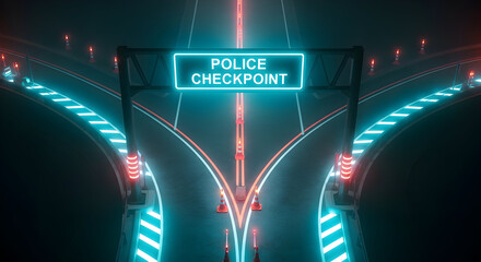 Futuristic Road With Police Checkpoint Glowing Neon Sign Concept