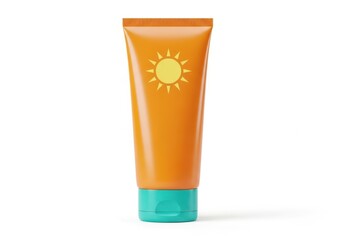 Orange sunscreen tube with sun logo isolated on white background