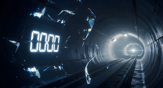 Futuristic Subway Tunnel With Digital Display And Shattered Glass Elements
