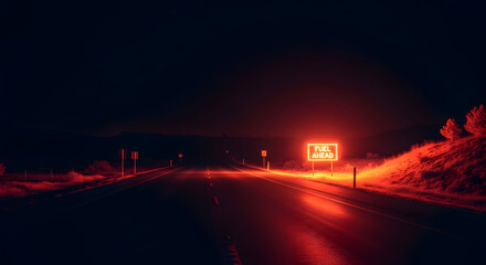Fototapeta premium Illuminated Fuel Ahead Sign Along Empty Asphalt Road at Night Landscape