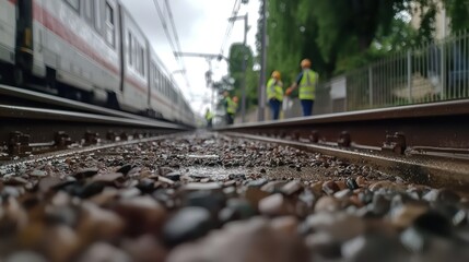 Low-angle view of train tracks, with workers and a passing train, on a wet day.