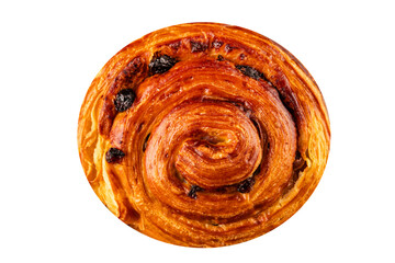 Raisin bun sweet pastry dessert puff pastry fresh delicious gourmet food background on the table rustic food top view copy space