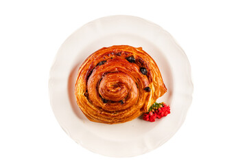 Raisin bun sweet pastry dessert puff pastry fresh delicious gourmet food background on the table rustic food top view copy space