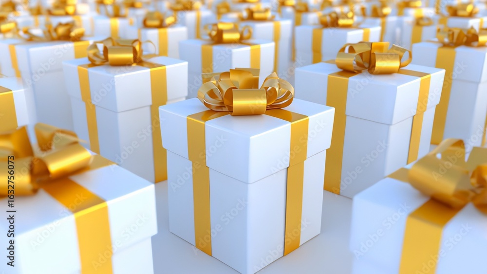 Poster white gift boxes with golden ribbons are arranged in a festive display, creating a cheerful atmosphe