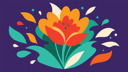 Vibrant abstract floral illustration with decorative leaves and colorful elements on purple background