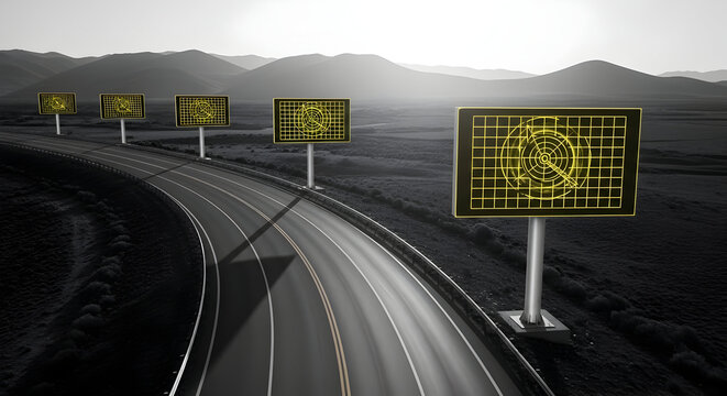 Highway Advertising With Target Radar Display On Billboard And Mountainous Backdrop