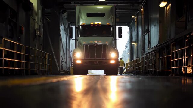 A closeup scene of a vehicle being carefully driven off a lower deck of the terminal onto the asphalt with crew members guiding the driver and overseeing the smooth transition from