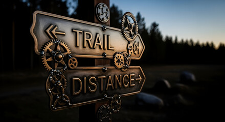 Gears Mark The Trail Direction And Distance On Signpost During The Exploration