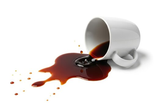 White coffee cup spilling hot coffee on a white background