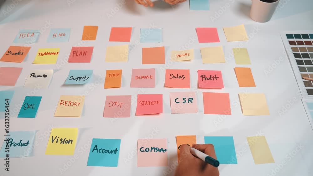 Poster dynamic workspace featuring colorful sticky notes laid out for brainstorming and planning in a colla