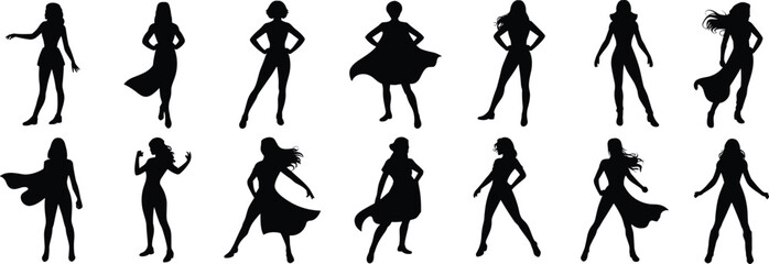 Superhero female silhouette vector set, twelve dynamic poses, cape action stance, powerful woman figure, character design illustration, heroic fashion graphic