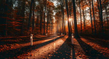 Fototapeta premium Illuminated Pathway Through Autumnal Forest at Sunset for Tranquil Escapes
