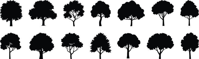 Tree silhouette vector set, fifteen unique shapes, foliage variation, botanical design element, black outline illustration, nature graphic, educational reference