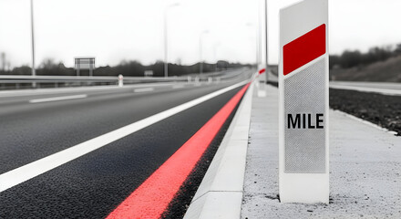 Highway Distance Marker Indicates One Mile Reached On Long Asphalt Road