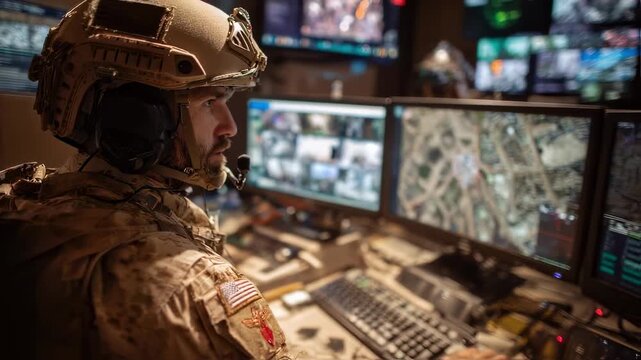 Intelligence specialist evaluates realtime surveillance feeds and compiles intelligence summaries ensuring data accuracy before sensitive government presentations.
