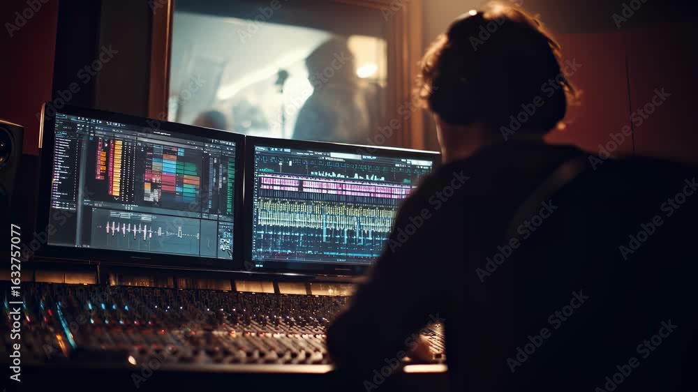Poster creative music producer working at a mixing console layered with colorful sound levels collaborating