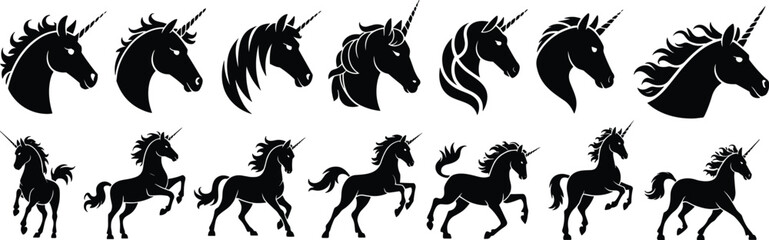 Unicorn silhouette vector set, head profile and full-body poses, horn and mane variation, fantasy horse artwork, magical creature design element