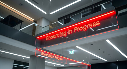 Illuminated Recording In Progress Sign In a Modern Building For Studio Use