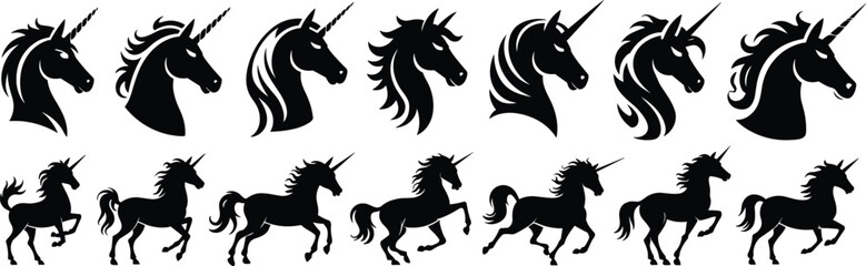 Unicorn silhouette vector set, head profile and full-body poses, horn and mane variation, fantasy horse design, magical creature illustration element