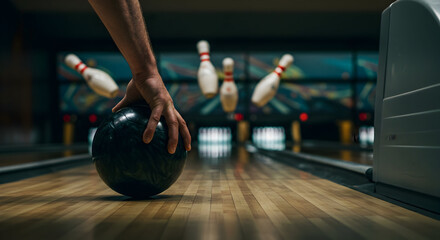A close-up of a bowler's hand releasing the ball, with the pins blurred in the background
