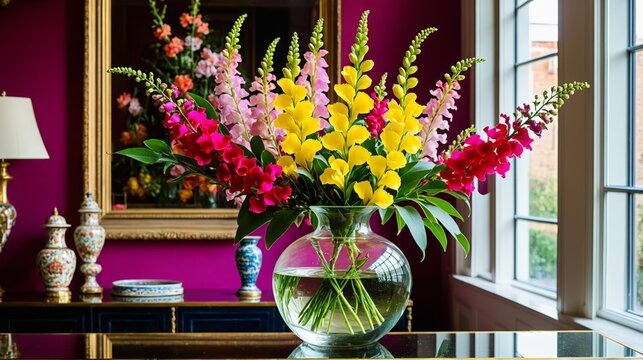 A vase of flowers sits on a table in a room with a pink wall