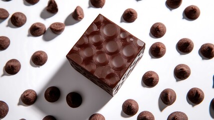 Fototapeta premium Gourmet Dark Chocolate Cube with Chips on White Background