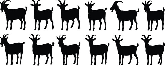 Goat silhouette vector set, black animal illustration, horn shape variation, tail position detail, left-facing poses, livestock graphic design
