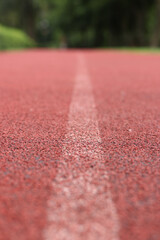 Red running track with white line. Running track in the park with selective focus. Running track surface close-up. Marked white line on the sports field. Background