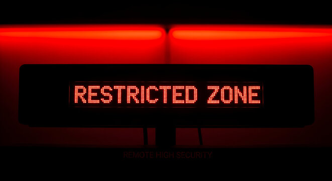 Illuminated Restricted Zone Warning Sign Against High Security Background