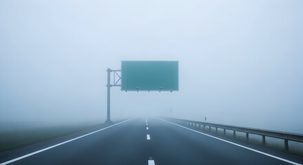 Highway Journey Into The Mist Destination Unknown With Billboard And Fog